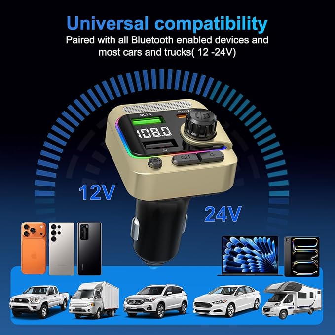 63W FM Transmitter Bluetooth Car Adapter, Wireless FM Bluetooth Transmitter | [PD 45W & QC3.0] Fast Charge, Deep Bass Player, Hands-Free Calling, Gold