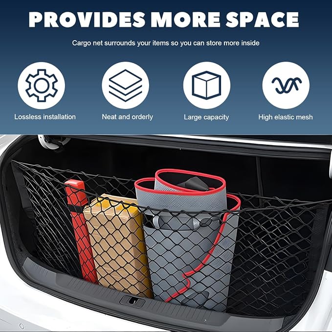 Stretchable Cargo Net, Adjustable Elastic Storage Mesh Nets, Envelope Style Cargo Netting with Mounting Screws and Hooks, Trunk Rear Cargo Organizer Net for Car Truck SUV (43.3×15.7 Inch)