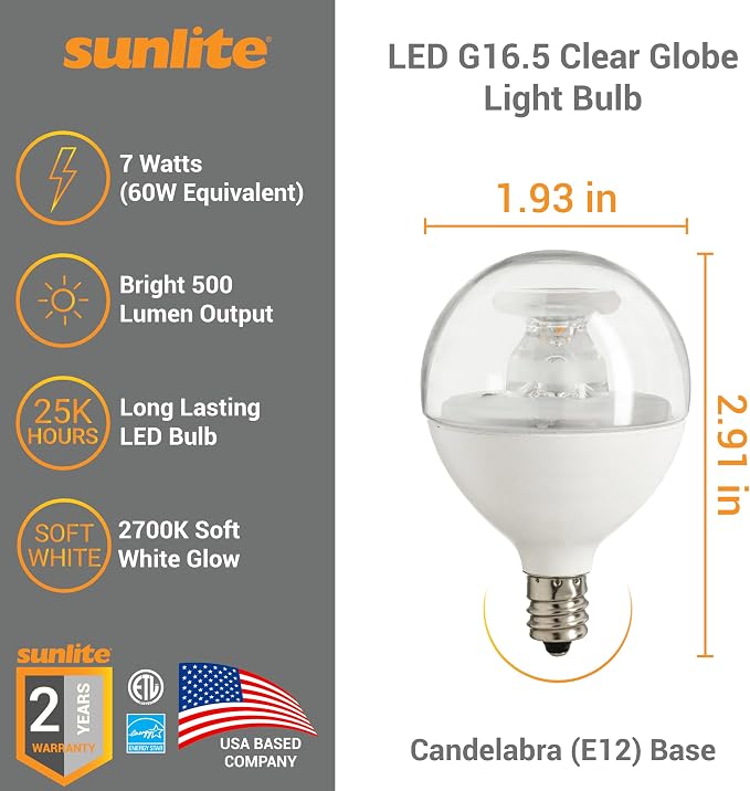 Sunlite G16.5 Light Bulb LED, 7 Watts (60W Equiv.), 500 Lumens, Dimmable, Type G Globe Shape E12 Candelabra Base, Short Bulbs, Vanity Mirror Bulbs, 2700K Soft White, Clear, 6 Count