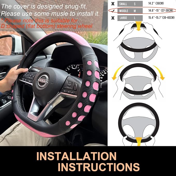 PINCTROT D Shaped Race Grip Steering Wheel Cover, Anti Slip Silicone Perforated Design with Soft Touch Padding, Enhanced Grip for Sporty Driving Flat Bottom 14.5-15 Inch (Racing Pink)