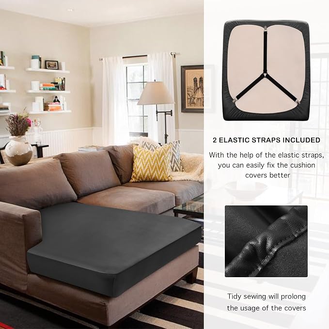 Yates Home Couch Covers for Sectional Sofa L Shape PU Leather Cushion Slipcover Water-Proof Elastic RV Chaise Seat Cover Protector Slip Cover for Settee Seater Replacement in Living Room（XXL, Black