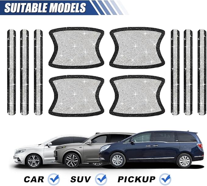 ZIMISI 10PCS Bling Car Door Handle Protector, Crystal Rhinestone Anti-Scratch Car Bowl Decoration Sticker Decal, Universal Auto Exterior Door Protective Covers Accessories for Women (Black/White)