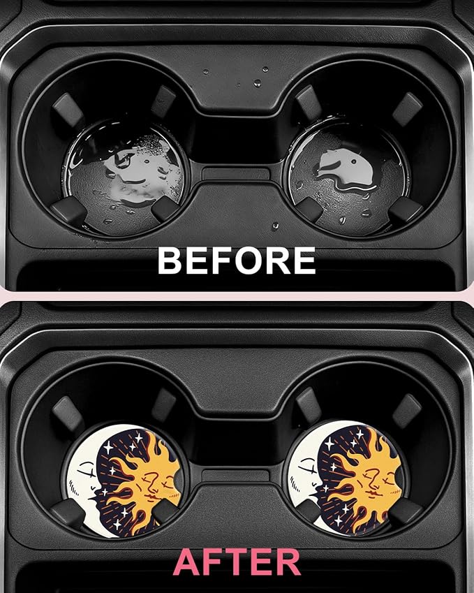 Swooflia Car Coasters for Women - Moon and Sun Ceramic Car Cupholder Coaster Cool Absorbent Mat Coaster with Cork Base 2 Pack Automotive Cup Holder Accessories New Driver Gifts for Decor