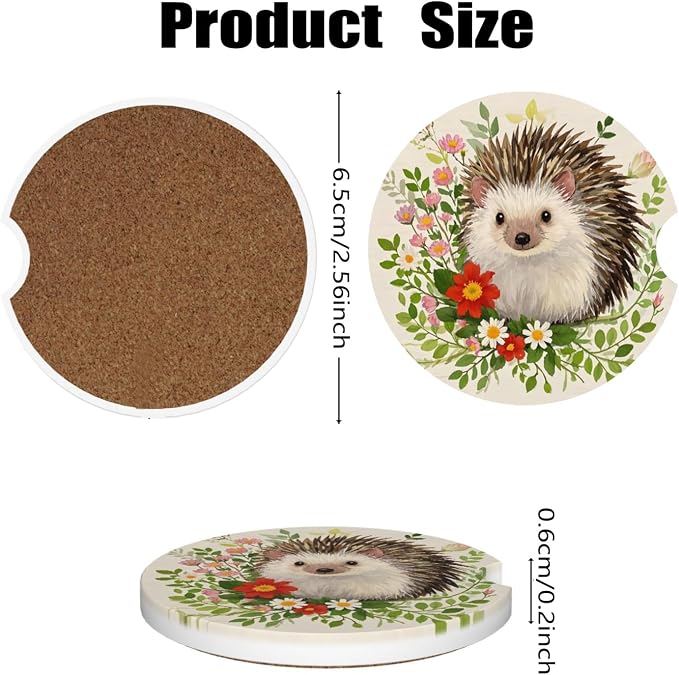 Ceramic Car Cup Coasters 2PCS - Hedgehog | with Cork Back & Finger Slot, Anti-Slip Shock Absorbing, Universal Car Interior Accessories for Men Women