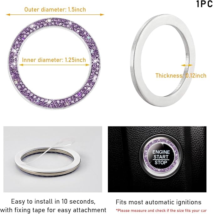 Kewucn Bling Crystal Double Rhinestone Car Engine Start Decoration Ring, Sparkling Push Start Button Sticker, Key Ignition & Knob Ring Decoration, Bling Car Interior Accessory(Purple)