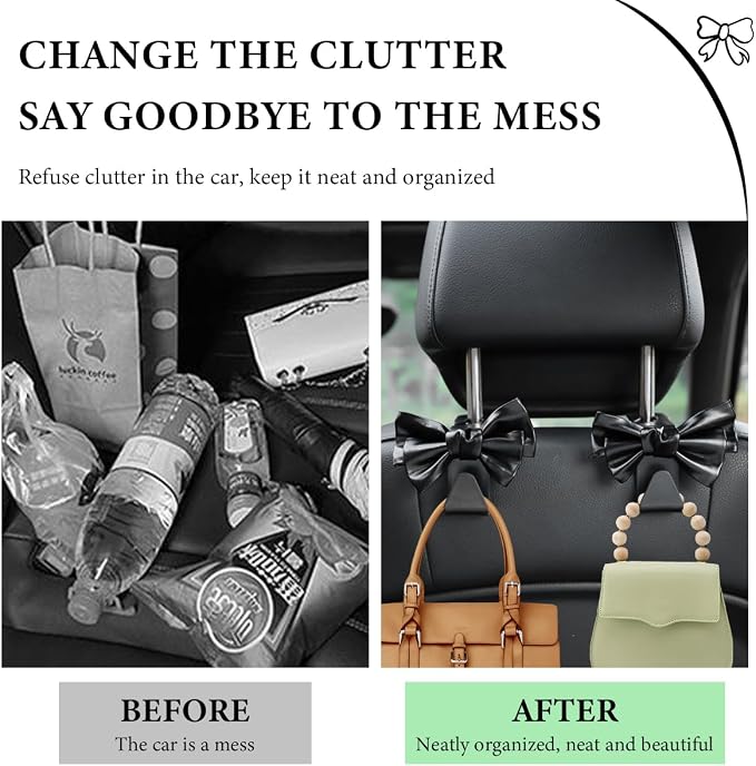 2 PCS Car Seat Headrest Hooks, Cute Bow Shaped Vehicle Backseat Purse Holder Storage Hook, Bow Knot Seat Back Hooks Hanging Organizer for Coat Umbrellas Grocery Bag (Black)