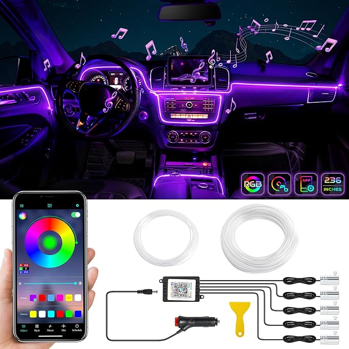 Car LED Interior Strip Light- Wireless Bluetooth APP Control, Multicolor RGB 5 in 1 with 236 inches Fiber Optic Ambient Lighting Kits, 16 Million Colors Sound Active Neon Led Lights Strip for Car