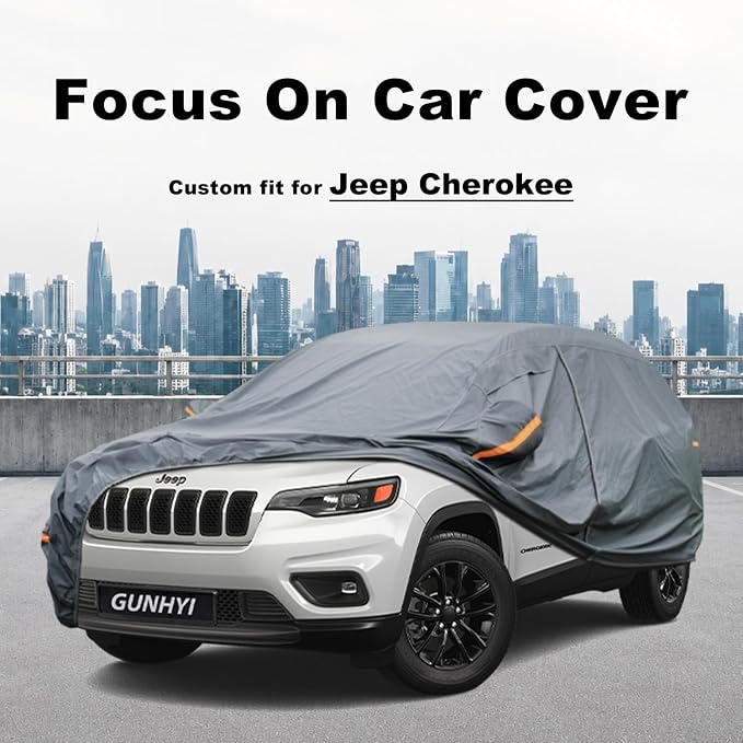 GUNHYI Premium Car Cover Custom Fit Jeep Cherokee, 16 Layers Heavy Duty Car Cover Waterproof All Weather with Zipper Door for Sun Rain Snow Dust Uv Protection