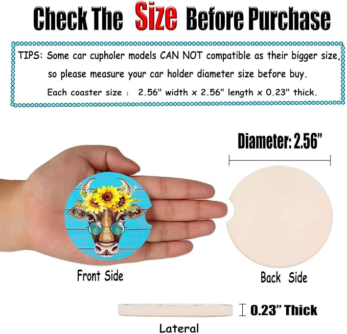 Car Coasters Pack of 2, Fun Sunflower Cow Design Absorb Condensation for Protect The Car Cup Holder and Keep Your car Clean, Small 2.56" Diameter, Easy Removal of Auto Cupholder（Blue Cow）