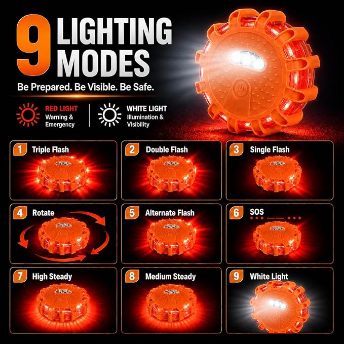 HYUWMXPY 6 Pack LED Road Flares, Emergency Warning Lights with 9 Flash Modes, Magnetic Base and Hook, Waterproof Crush-Resistant Safety Beacons for Car Truck Boat, Batteries Not Included