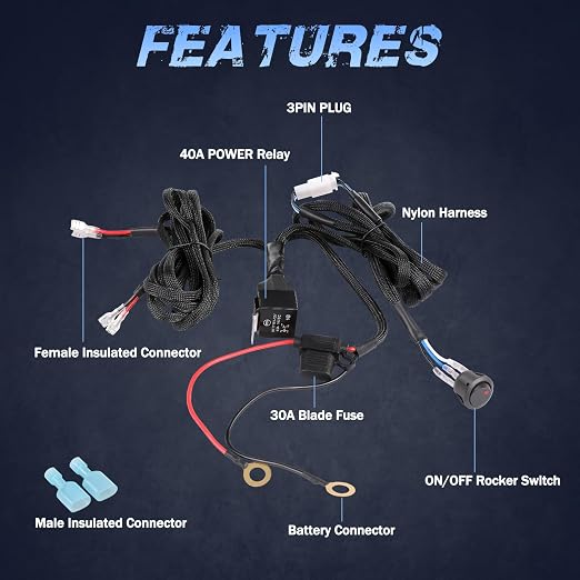 Wiring Harness 2 Lead, Fastchoy Auto 12v Nylon LED Light Bar Wiring Harness Kit for Fog Lights LED Pods Light Bars with 40A Relay Fuse Rocker Switch Automotive Wire Harness Kit for Truck UTV ATV
