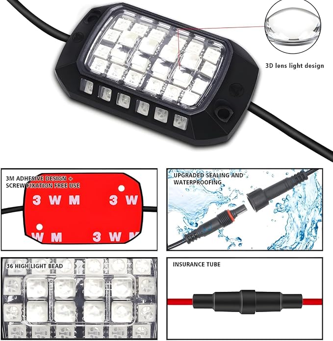 Car RGB Rock Lights, 8 Pods 36 LEDs High Brights Multicolor Underglow Neon Lighting Kit with APP Control, Automotive Exterior Wheel Well Glow Kit, Universal for SUV RV Truck