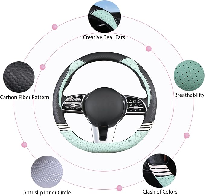 15 inch Cute Leather D Shape Steering Wheel Cover Black Green | Breathable Faux Leather and Carbon Fiber Flat Bottom Car Accessories for Women Men Universal 14.5 inch to 15 inch