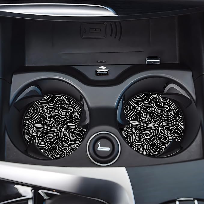 Car Cup Holder Coasters, 2 Pack – 2.75" Universal Auto Anti-Slip Insert Coaster, Rubber Car Coasters, Personalized Car Accessories for Women & Men (Topography)