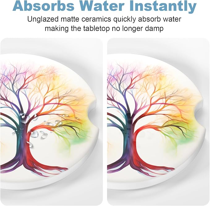 2 Pack Cup Holder Coaster, 2.63inch Anti Slip Insert Absorbent Ceramic Coaster With Cork Base and Finger Notch, Cute Car Accessories Interior for Women (Tree)