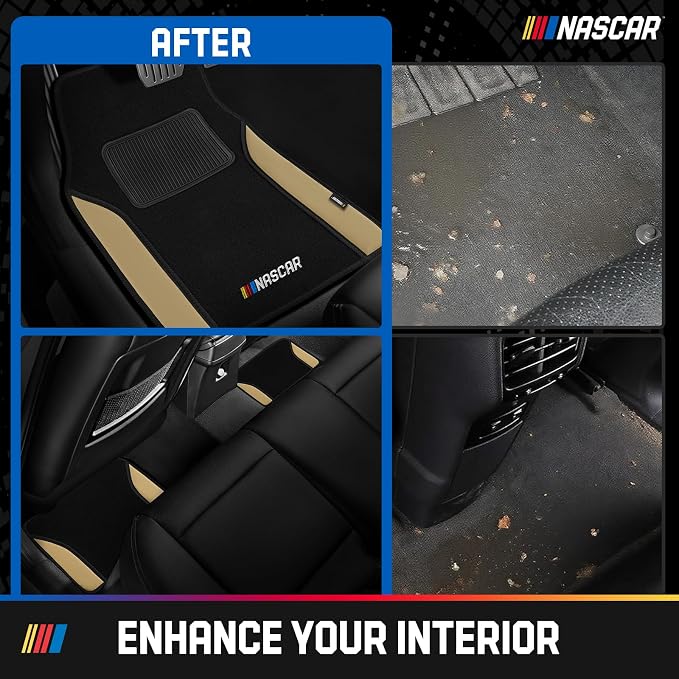 NASCAR Car Floor Mats, Carpet & Beige Leather Design Car Mats, Universal-Fit All-Weather Car Floor Mats with Built-in Heel Pad & Anti-Slip Backing, Durable Odorless Automotive Interior Accessories