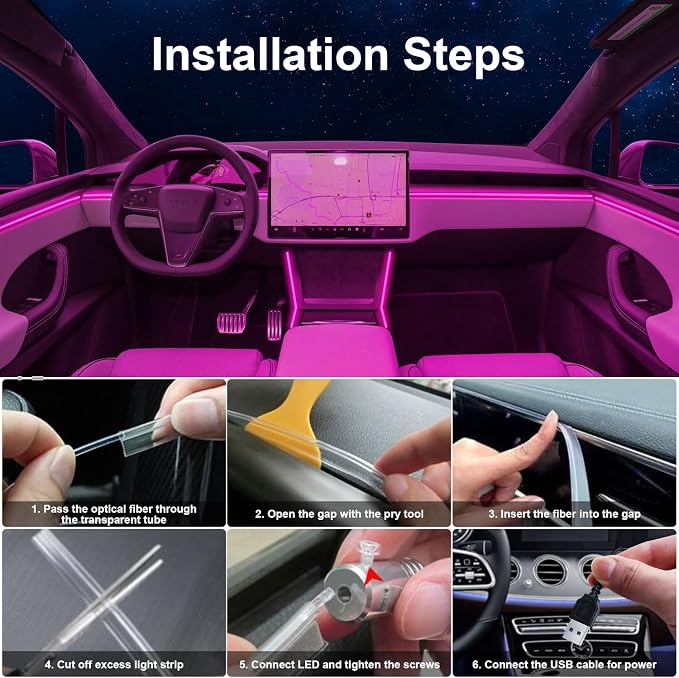 Interior Car Lights with APP/Remote Control RGB 6 in 1 Ambient Lighting Kit | 16 Million Color & 29 Preset Modes, USB Powered, With 315 Inches Fiber Optic, Music Mode Inside Car Lighting Accessories
