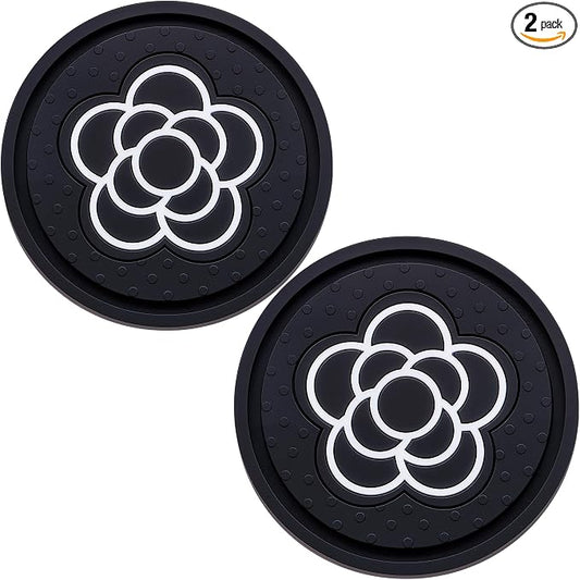2.75 Inch Car Cup Coaster 2-Pack – Non-Slip Auto Drink Holder Mat – Universal Fit for Women & Girls – Stylish Pink Accessories (Black Flower)