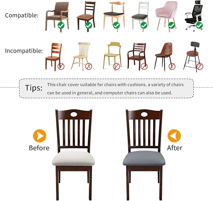 Fuloon Stretch Chair Seat Covers 4 PCS, Removable Washable Dining Chair Covers Anti-Dust Dining Room Seat Cushion Slipcovers (4, Light Grey)