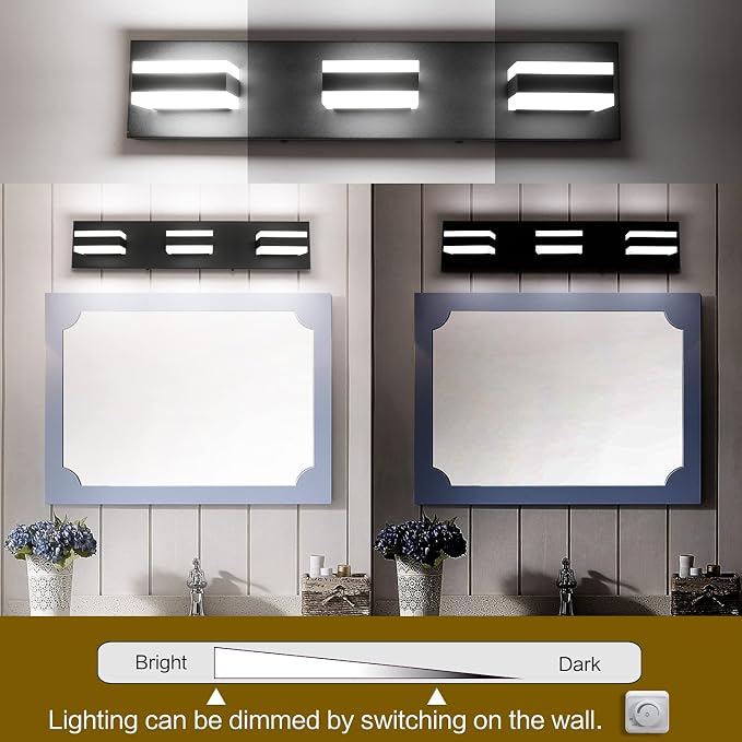 SOLFART Black Bathroom Vanity Light Fixtures Over Mirror LED Dimmable 3 Lights Bath Lighting Restroom Light Modern Vanity Lights for Bathroom Bath Lights ETL Listed