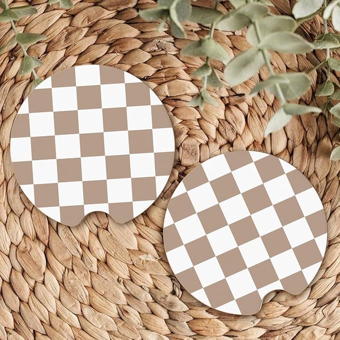Ceramic Car Coasters – Absorbent Car Cup Holder Coaster Set for Women, Cute Aesthetic Car Accessories for Girls, 2 Pack (Brown)