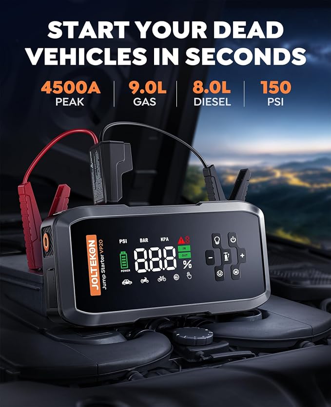 Car Battery Jump Starter with Air Compressor, 4500A Powerful Battery Jumper Starter Portable with 150PSI Auto-Pause Pump, 12V Jump Box for Car Battery with 10-Safety Protection(9L Gas/8L Diesel)