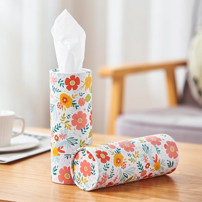 Car Tissue Holder Cylinder - 4 Pack, 50 3-Ply Tissues per Cylinder, Fits Car Cup Holders, Portable, Floral Design, Round Tissue Box for Car