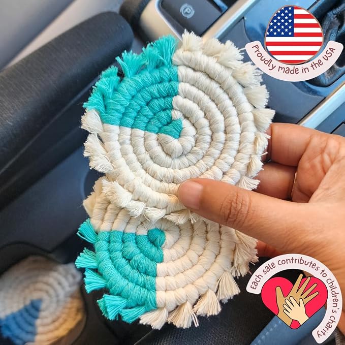 Cotton Car Coasters for Cup Holders, 2PC Car Cup Coasters, Drink Coaster Holder, Cute cupholder Coaster Accessories for Women, Macrame, Boho (Ocean Breeze)