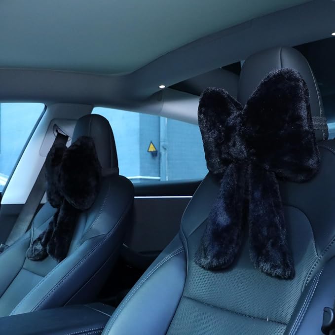 Macarrie 2 Pcs Black Car Neck Pillow Plush Butterfly Bow Car Headrest Pillow Comfortable Seat Neck Support Cute Head Rest Accessories for Driving Travel Driver Chair Girl Interior Decor(Solid)