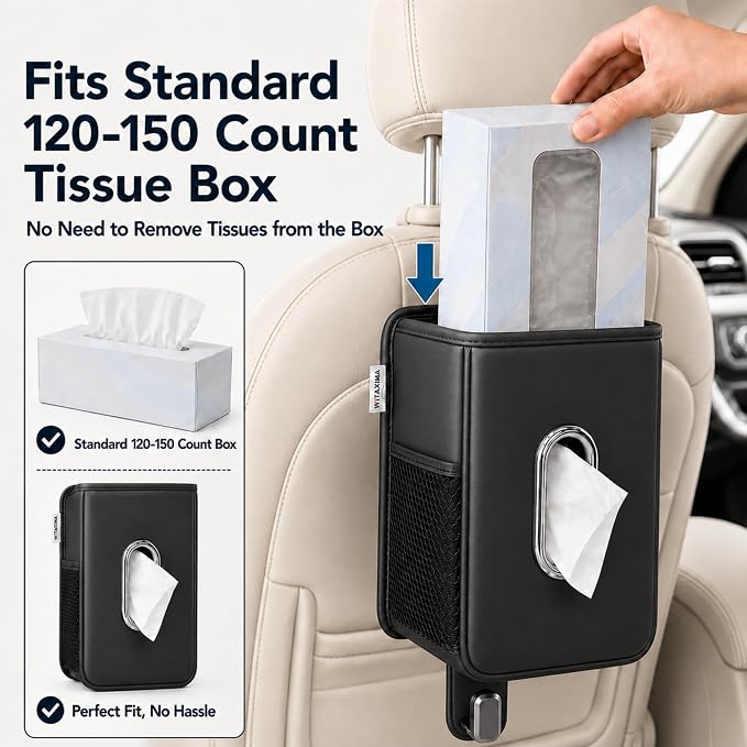 Witaxima 4 in 1 Car Tissue Holder with Headrest Hooks, Small Trash Can & Seat Back Organizer, PU Leather Tissue Box Cover for 120-150 Tissues, Trash Pockets & Hook Set, Keep Car Tidy, Black