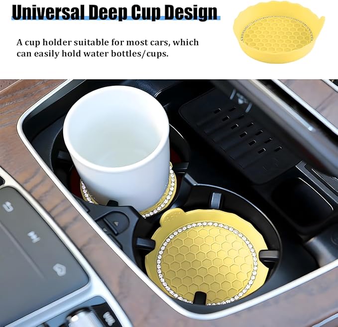 HZEL 4PCS Bling Car Cup Holder Coaster, Shiny Crystal Rhinestone Silicone Dustproof Drink Cup Insert Pad, Dazzling Automotive Interior Water Bottle Holder Embedded Mat, Universal Fit (Yellow)