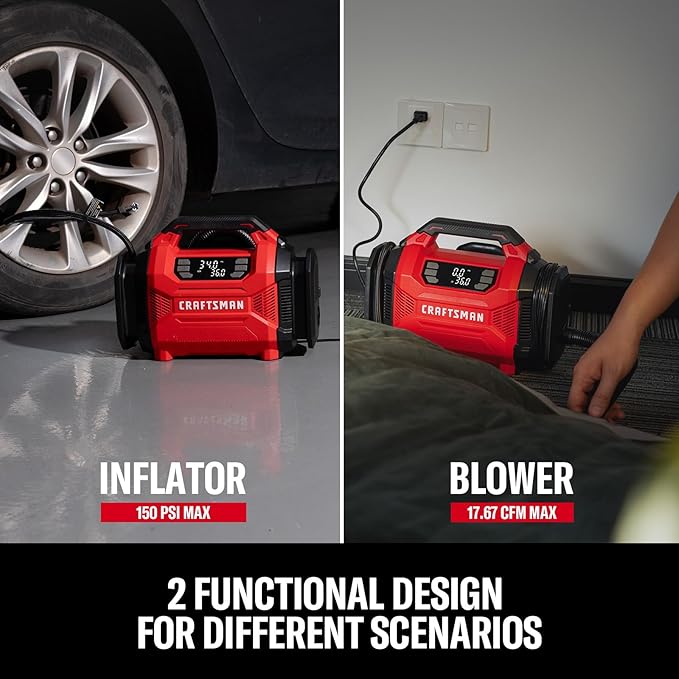 CRAFTSMAN Dual Power Tire Inflator with Digital Gauge & Auto Shut-Off | 12V DC Car Plug and 120V AC Home Use with Up to 150 PSI, LED Light, Portable Air Pump for Car Tires, Bikes and Inflatables