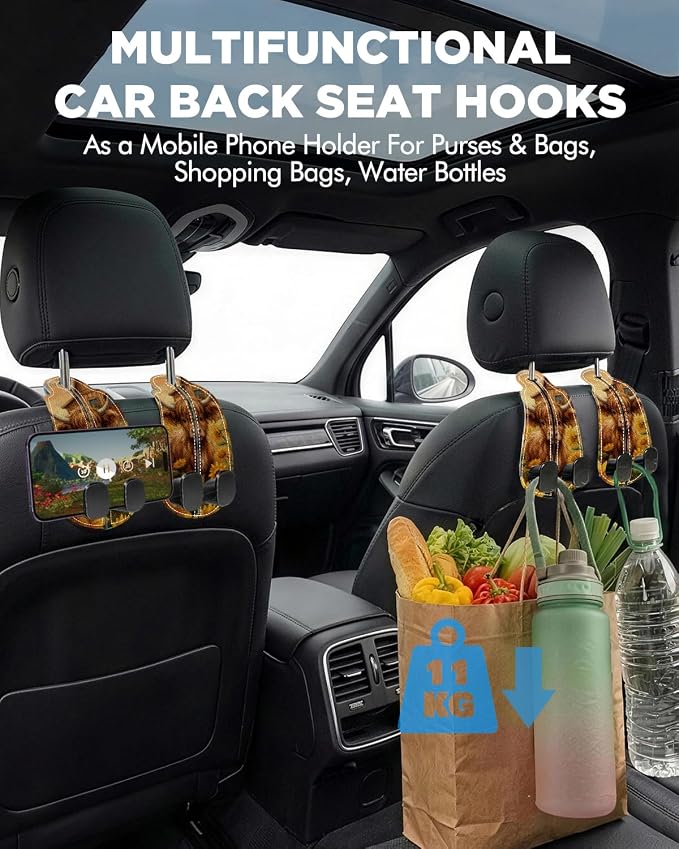 WOCOCN Purse Holder for Car, 2 Pack Heavy Duty Purse Hanger for Car, PU Leather Car Seat Hooks for Purses and Bags, Cute Cow Headrest Organizer for Handbags & Backpacks