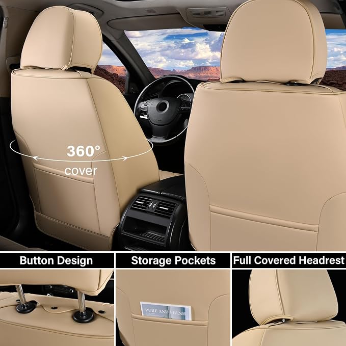 Coverado Car Seat Covers Front Seats, Car Seat Cover Beige, 2-Pack Car Seat Cushion Nappa Leather, Car Seat Protector, Waterproof Seat Covers Carseat Cover Universal Fit for Most Cars Trucks