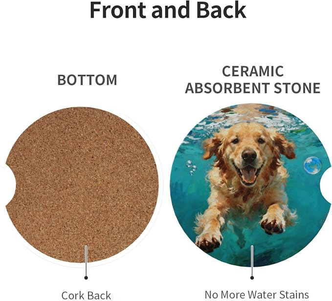 Golden Retriever Underwater 2 Pack Car Cup Holder Coasters Absorbent Ceramic Drink Coasters 2.56" Anti Slip Cup Mat with Cork Base and Finger Notch Auto Accessories Interior for Women Men