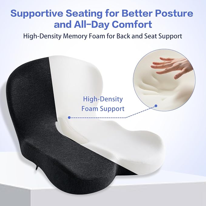 Back and Seat Cushion for Office Chair, Black | Wide ergonomic memory foam, coccyx cutout & adjustable straps, tailbone & back relief, non-slip for car, home & gaming
