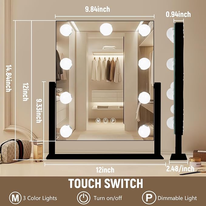 Ratsamee Black Hollywood Vanity Mirror with Lights, 9 Dimmable Bulbs, 3 Color Lights,Make Up Lighted Mirror, 10x Magnification 360°Rotation(12" x 14")
