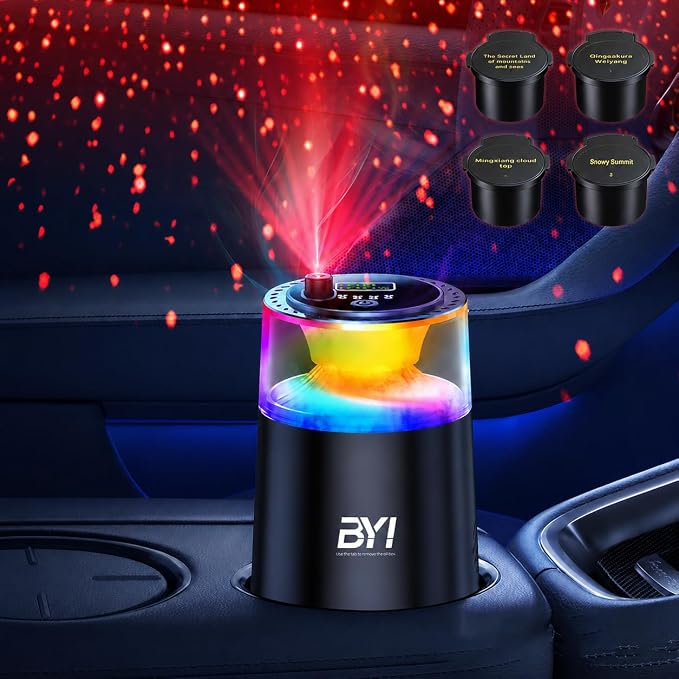 Smart Car Air Freshener with RGB Ambient Light, Galaxy Cloud Mist, Auto On/Off, Built-in Battery, Car Aroma Diffuser, Home, Office (4 Essential Oil Box), Long-Lasting Scent