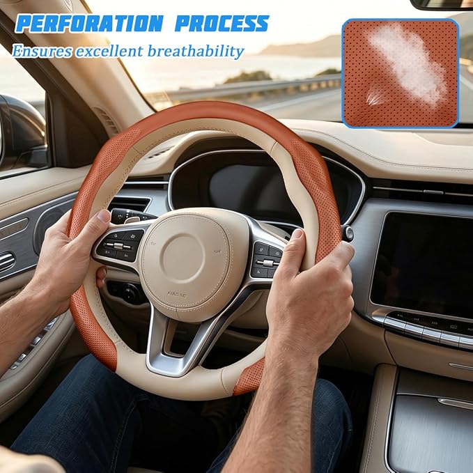 Car Steering Wheel Cover, Comfortable Grip Non-Slip Breathable Vehicle Steering Wheel Protector, Automotive Interior Decoration Accessories, Universal Fit (Orange)