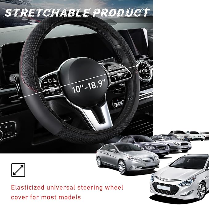 povtii Car Steering Wheel Cover, 15 Inch Leather Breathable Auto Steering Wheel Protector, Comfortable Non-Slip Vehicle Steering Wheel Covers, Universal Interior Car Accessories (Black)