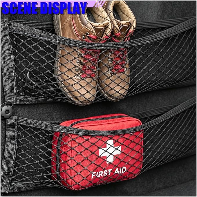 Craedli 2PCS Small Cargo Net, Elastic Stretchable Mesh Net Pocket with Mounting Screws and Hooks, Universal Automotive Trunk Netting Storage Pouch for Car, Truck, SUV, Boat, RV(29 x 9.8 Inch)