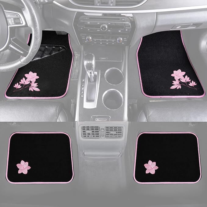 August Auto Universal Fit Flower 4PC Carpet Car Floor Mats with Heelpad Fit for Sedan, SUVs, Truck, Vans