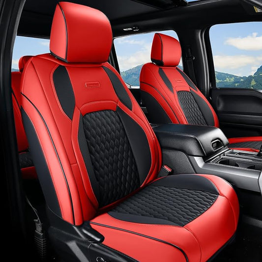 Coverado Chevy Chevrolet Silverado GMC Sierra Seat Covers, Custom Fit for 2007-2026 1500, 2015-2026 2500HD 3500HD Crew Double Extended Cab Truck, Faux Waterproof Leather Seat Covers (Front, Red)