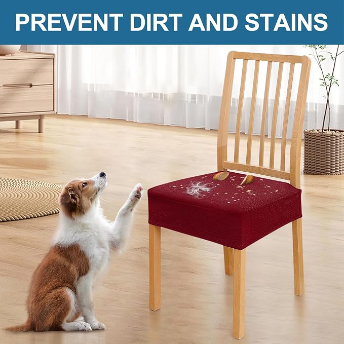 Smiry Waterproof Seat Covers for Dining Room Chairs Set of 8, Stretch Jacquard Removable Washable Chair Seat Slipcovers Protector, No Rear Covers, Wine Red