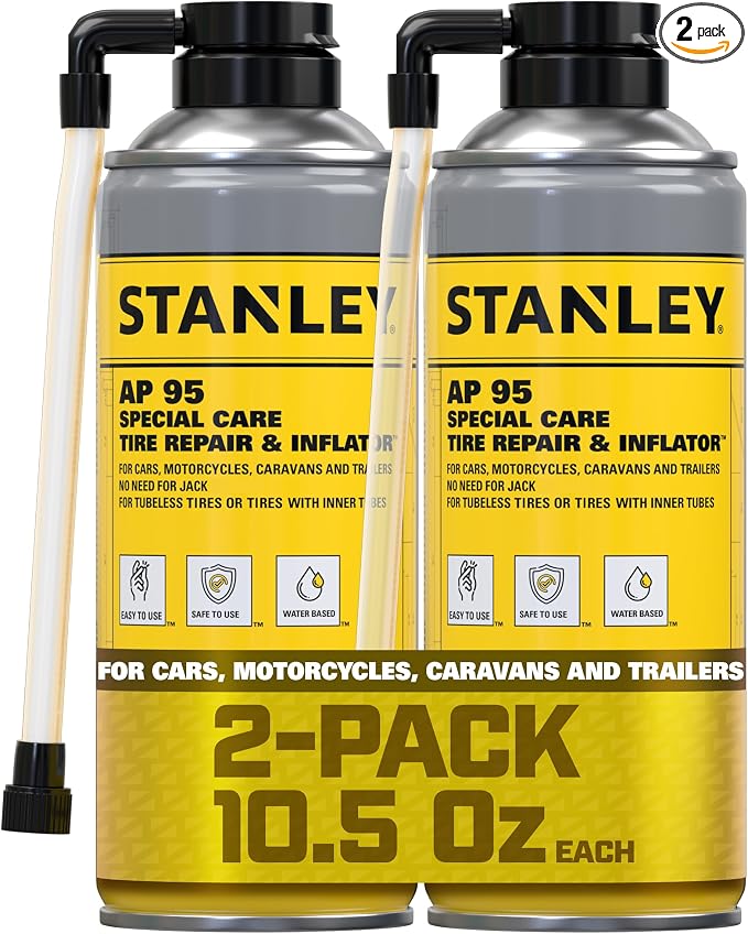 STANLEY AP95 Tire Repair & Inflator – (2x10 oz.) Flat Tire Sealant Spray Kit for Car, Bike, Motorcycle – Seals & Inflates Tubeless Tires – No Jack Needed – Emergency Tire Fix – Rim Safe | 2 Pack