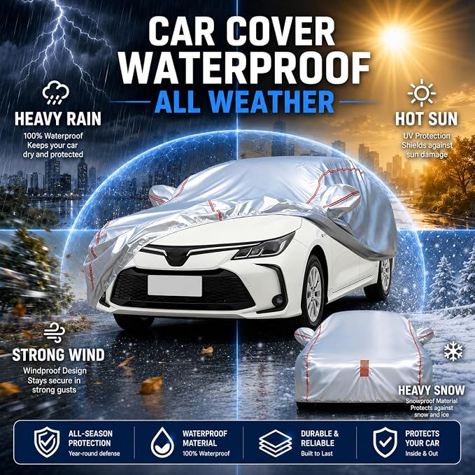 Waterproof All Weather Heavy Duty Vehicle Cover, 360° Underbody Wrap Windproof Design, Quick Install Outdoor Cover,（for Toyota Corolla 1991-2025）