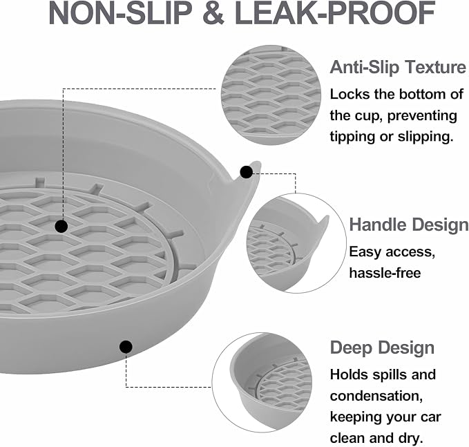 4 Pack Car Cup Holder Coaster, 3.15 Inch Non-Slip Silicone, Gray | Cup holder insert, spill proof ,raised lip, honeycomb base, rinse clean, fits most sedans suvs trucks, automotive accessories
