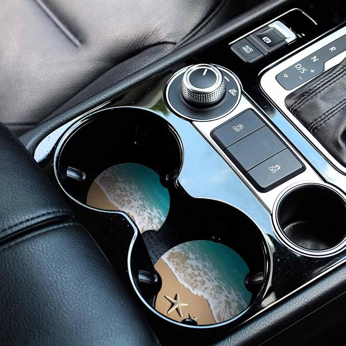 Summer Beach 2 Pack Car Cup Holder Coaster Sea Wave Starfish on Sand Anti Slip Insert Absorbent Ceramic Car Coaster with Cork Base and Finger Notch Cute Car Accessories Interior for Women Men