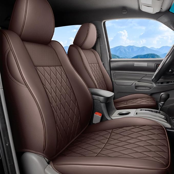Coverado Tacoma Seat Covers, Leather Front Car Seat Covers for Toyota Tacoma, Car Seat Protector Compatible with 2005-2023 Toyota Tacoma Double/Crew Cab(Brown)