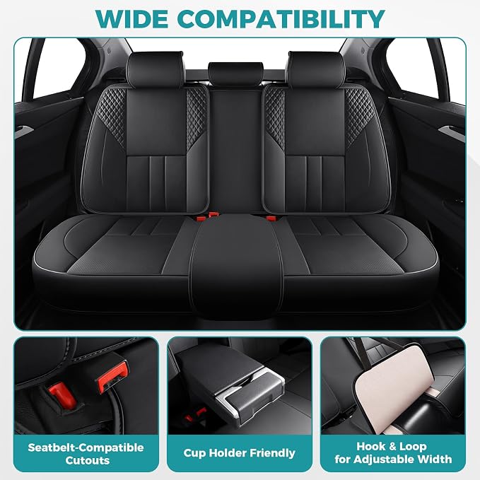 Universal Car Seat Covers for SUVs Sedans Trucks Black | universal fit, faux leather, waterproof, breathable, stain/scratch resistant, airbag compatible, anti-slip, easy install